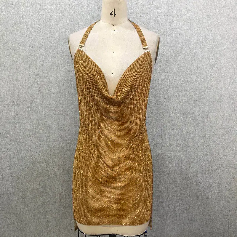 Gold Sexy Rhinestone Mesh Fabric Dress Crystal Mesh Dress Club Dress