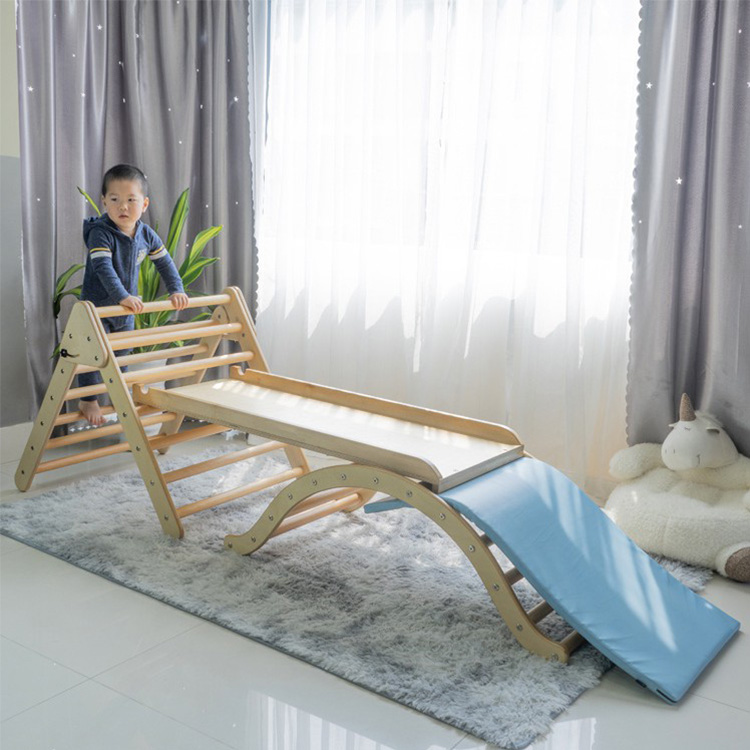Children indoor playground equipment kids wooden climbing frame foldable pikler triangles with a slide/ladder