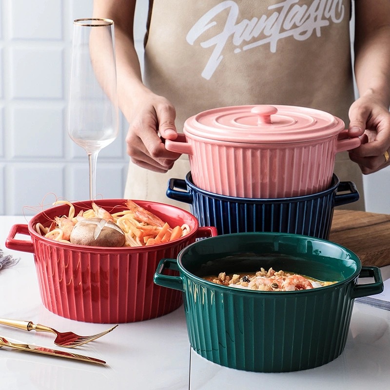 Nordic Creative Porcelain Binaural Instant Noodle Pan Bowl with Lid Home Large Ceramic casserole cookware Soup Pot