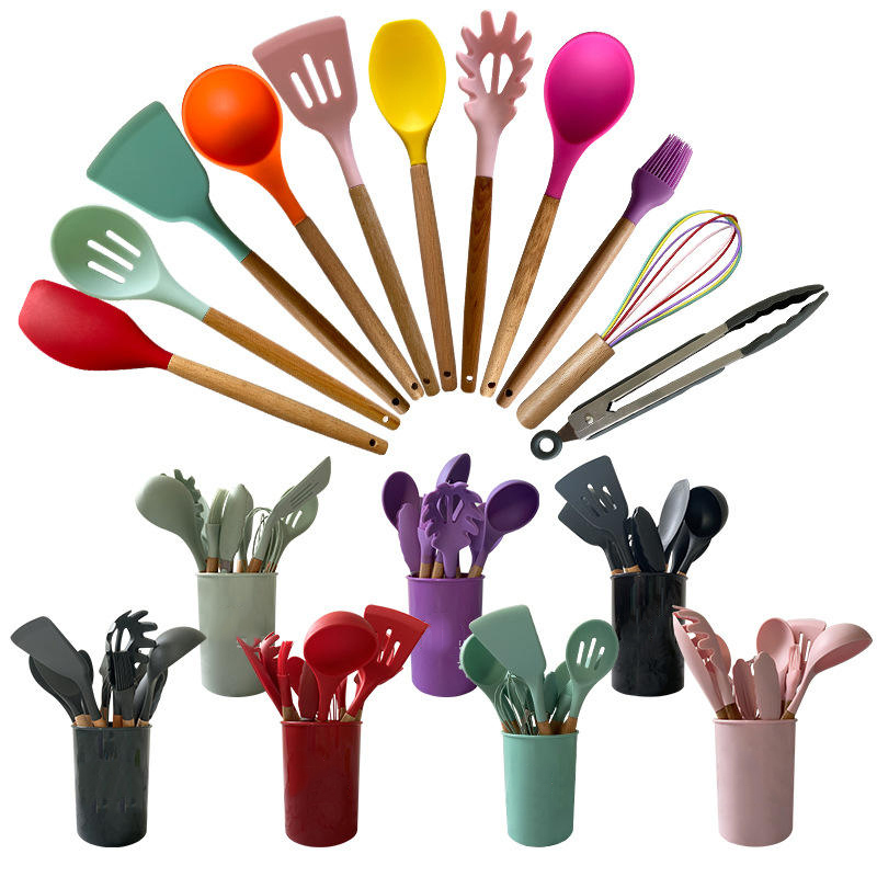 Kitchen Accessories 12 pcs Non-Stick Kitchen Cooking Utensils Set Silicone Kitchen Utensils with Wooden Holder
