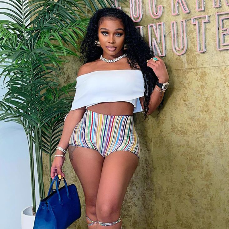 Bomblook K21PT438 Fashion High Waist Shorts Rainbow Patchwork Casual Activewear Short Pants Women