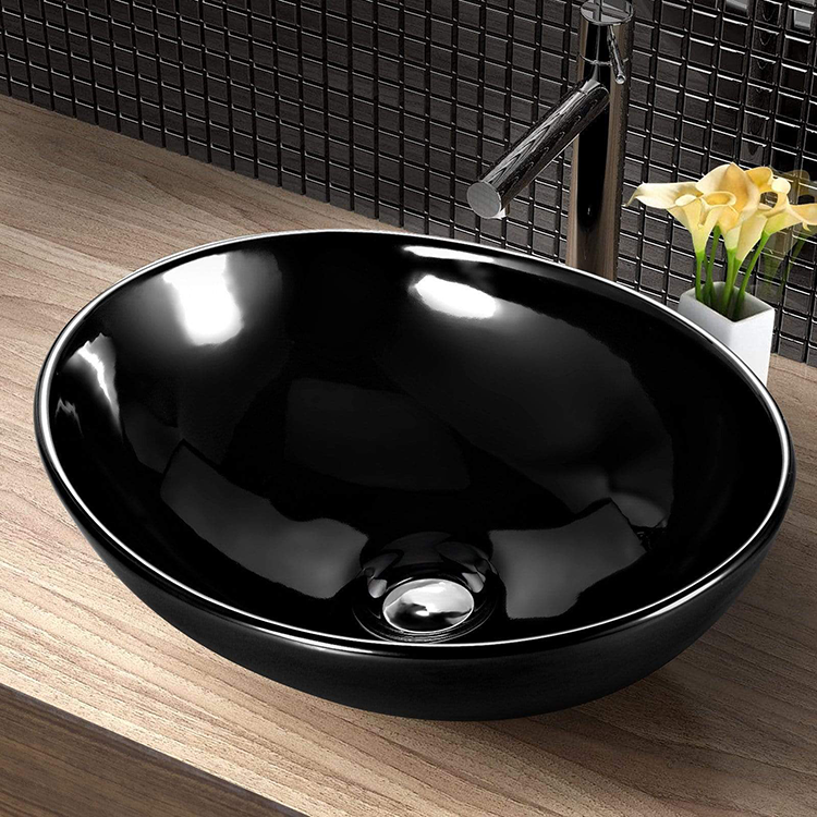 Above Counter Bathroom Basins Oval Sink Bowl Ceramic Black 41 x 34 x 14.5cm