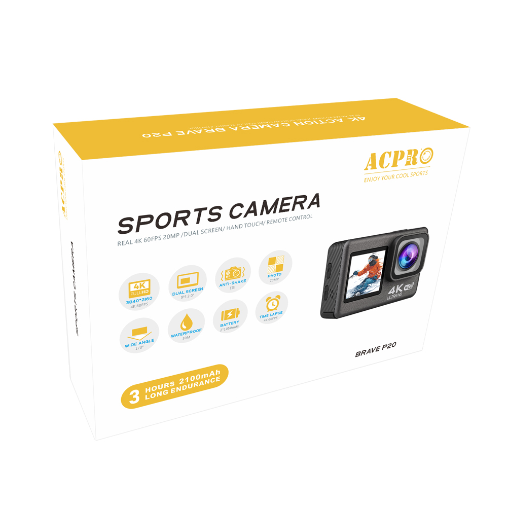 2021 ACPRO BRAVE P20 Real 4K 60FPS 20MP Hand Touch Dual Screen Remote Control 4K Action Cam