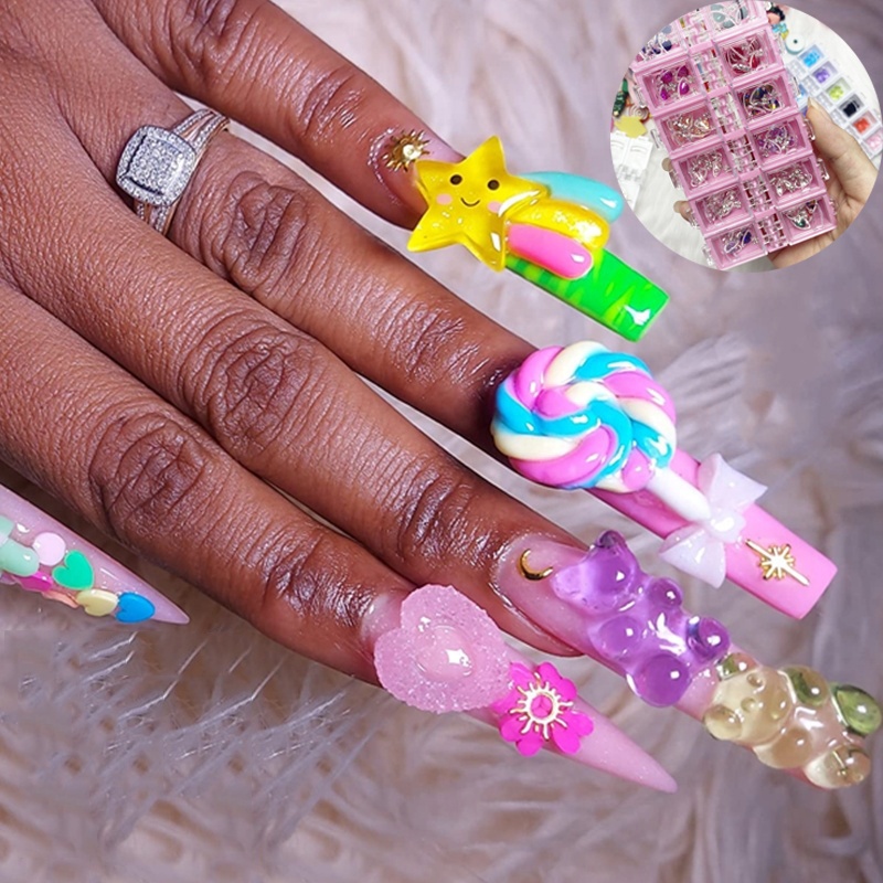 30pcs/Box Kawaii Accessories Rhinestone Resin Charms Christmas Candy Flower Fruit Nail Art DIY Accessories 3D Nail Charms