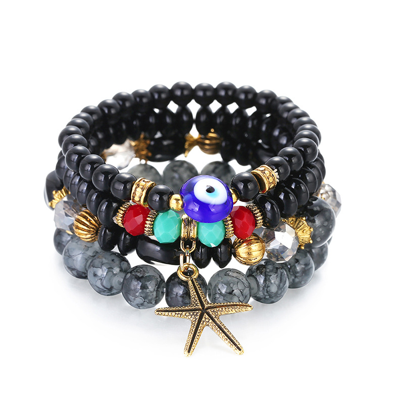 4Pcs/set Women Girl Elastic Starfish Evil Eyes Beads Bracelets Bohemian Ocean Style Starfish Resin Natural Stone Beads Bracelet