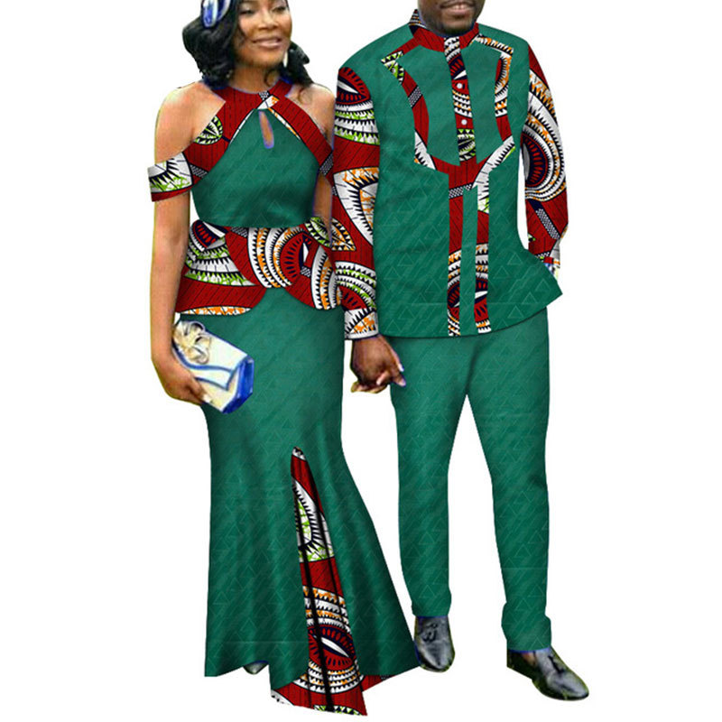 New Strapless Mermaid Dress Men's Shirt Two Piece Set Africa Clothing Trendy Printed Splice Dress Blouse Couple Ethnic Clothing