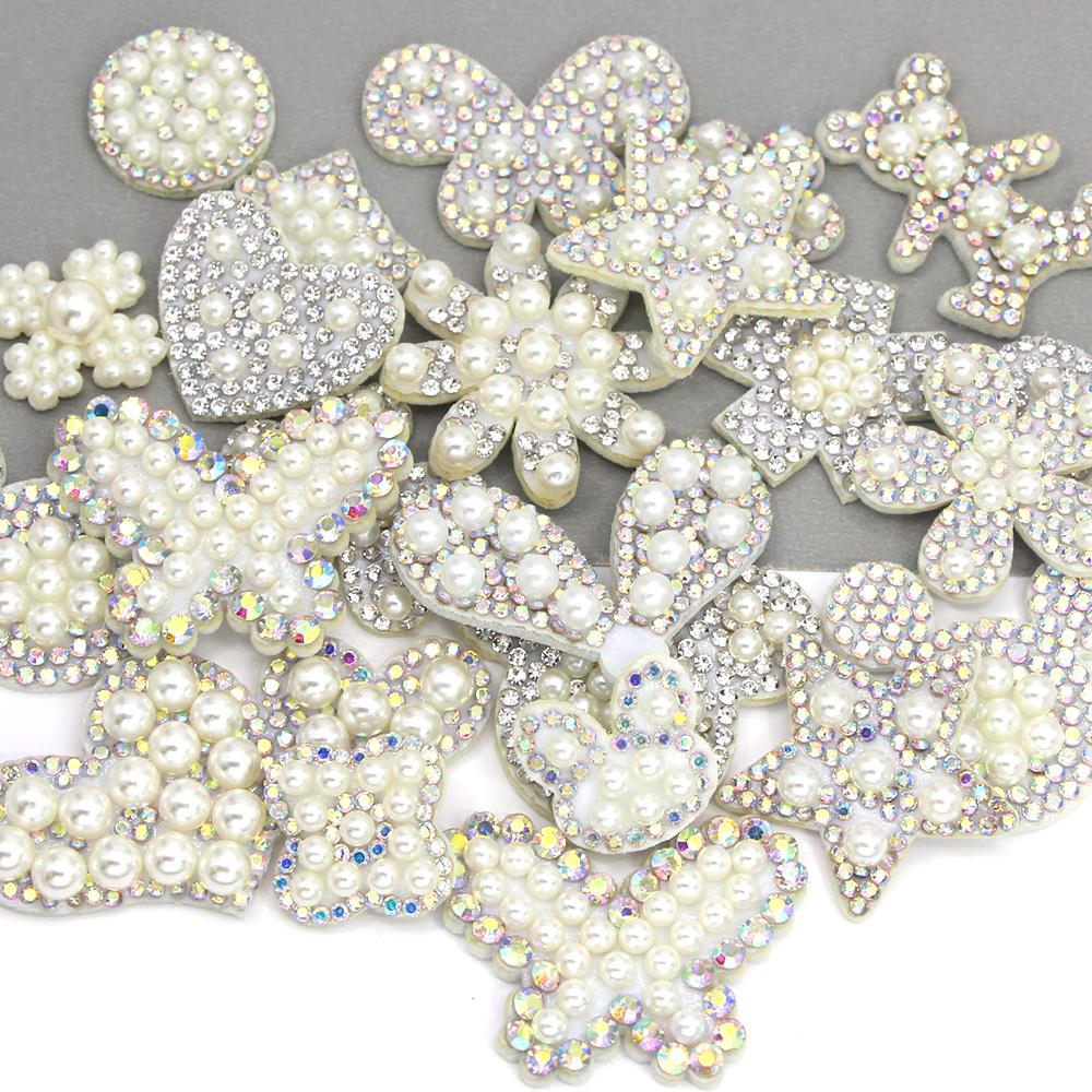 10Pcs Heart Shape Pearl Patches Iron AB Rhinestone Applique Beaded Patches For Clothing DIY Hair Clip Decoration Sew Accessories