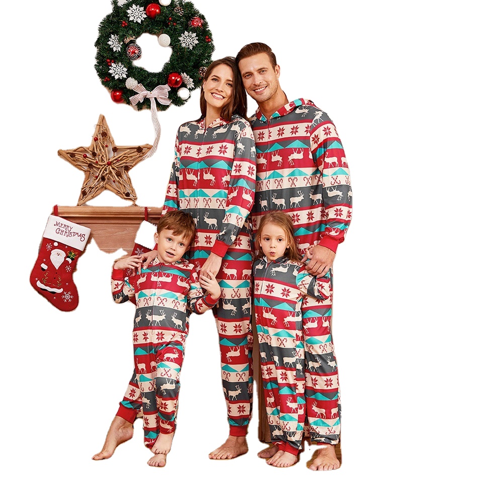 Christmas Elk Long Sleeve Hooded Fall Winter Parent-Child Printing Two-piece Family Pajamas Set