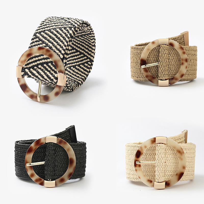 Alloy Plastic Buckle Retro Bohemian Style Straw Braided Embellished Dress Belt Women Elastic Grass Belt