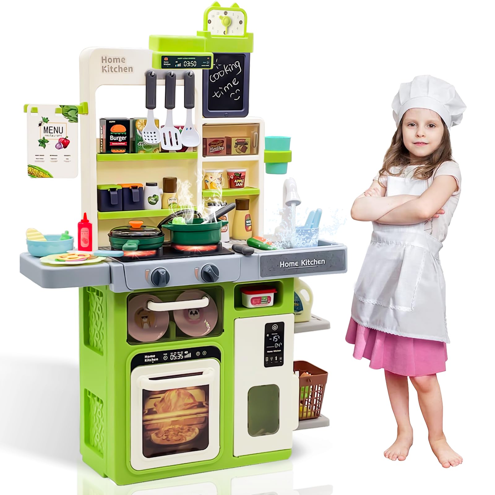 EPT 63 PCS Kitchen Accessories 80CM Kids Pretend Play Realistic Lights Sounds Spray Kitchen Set Toys for Children