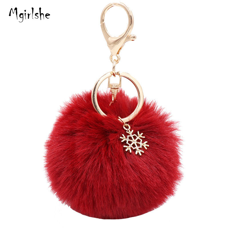 Mgirlshe Amazon Popular Christmas Faux Rabbit Fur Pom Pom Fluffy Balls Cute Keychain Keyring with Snowflake Gold Chain Bag Charm