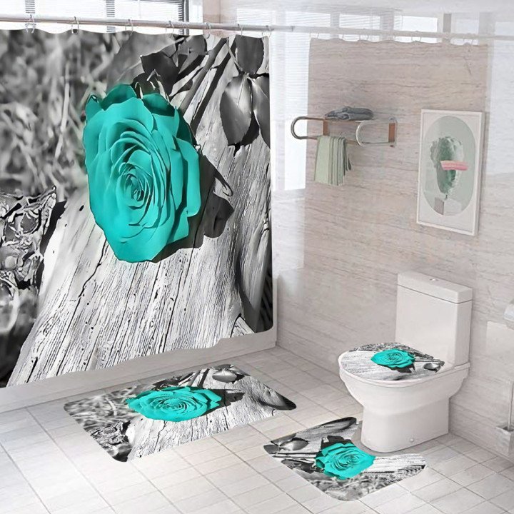 Hot Selling Modern Rose Pattern Digital Printing Shower Curtain Set with Non-slip Rugs