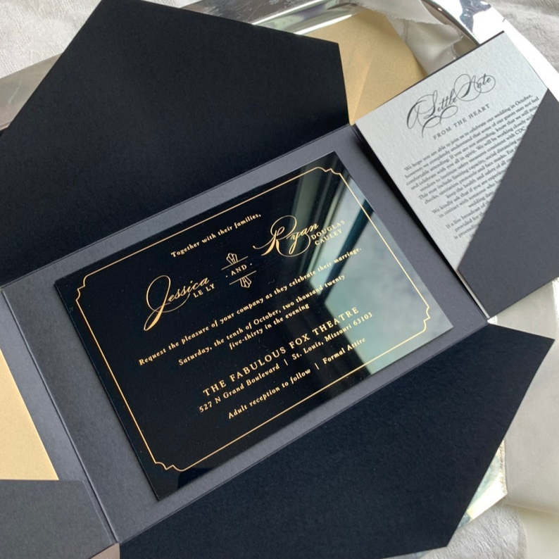 New Design Creative Pocket Fold Invitations Gold Foiling Black Acrylic Card with Wedding Details Card