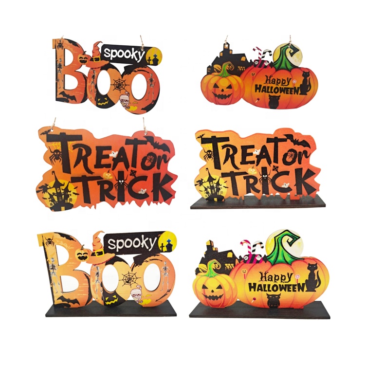 Halloween wood pumpkin skeleton spider bat party scene decor pendant
