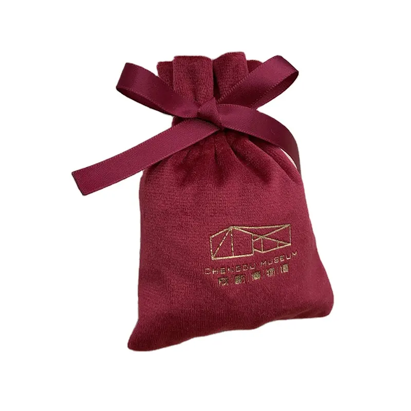 Red Custom Drawstring velvet jewelry Bag with Hot Stamping Logo
