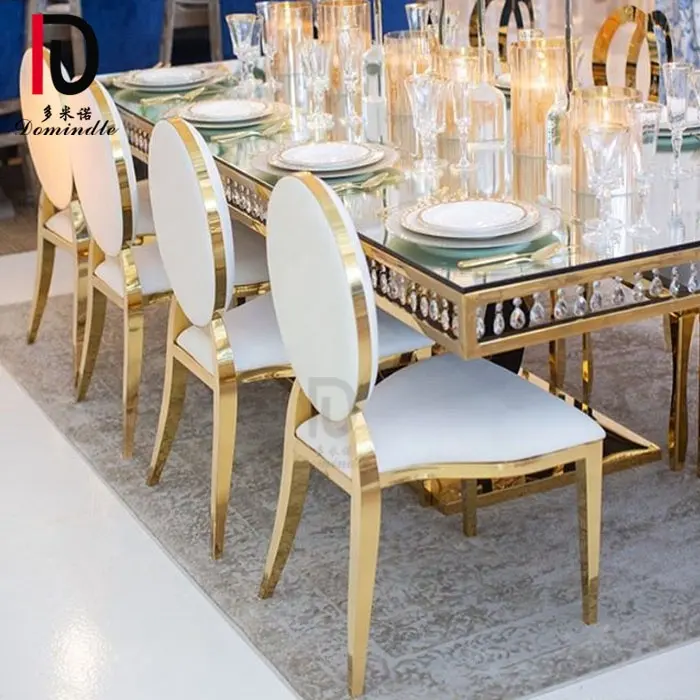 Dominate hot selling gold stackable design pu leather velvet round back stainless steel hotel banquet event wedding chair