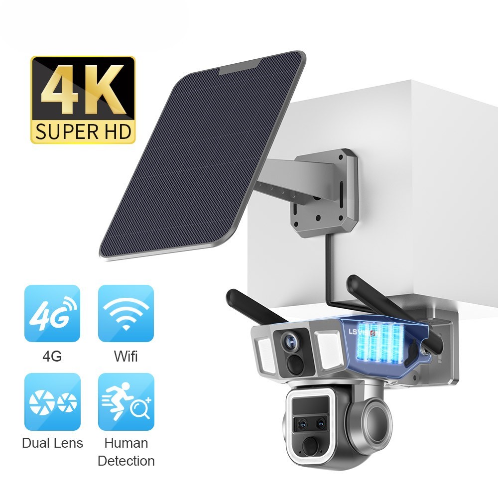 VISION 4k 6mp solar camera 360 ptz 10x zoom 4g solar street light with camera outdoor Dual Lens CCTV wireless security cam