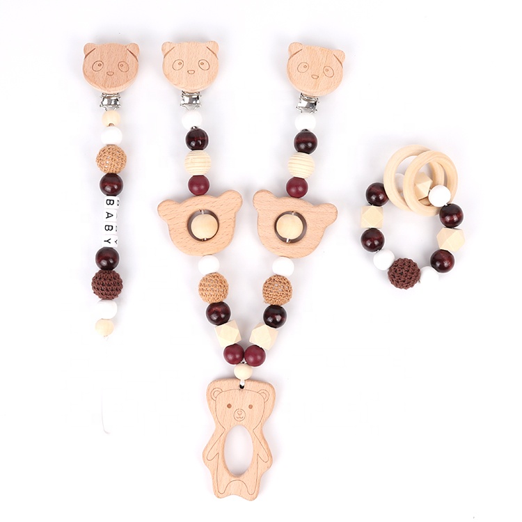 2022 New born baby wooden toys set cute animal shape baby teether toys set portable pacifier chain clip set
