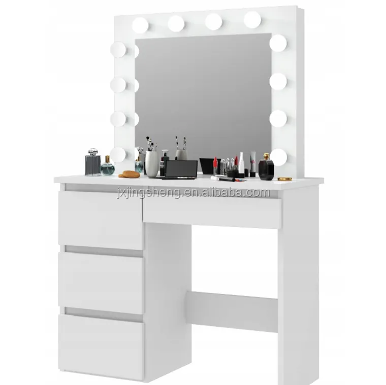 JL09007 Wooden Bedroom Costway Vanities Makeup Tables 4 Drawers Vanity Makeup Dressing Table Stool Set With Lighted Mirror