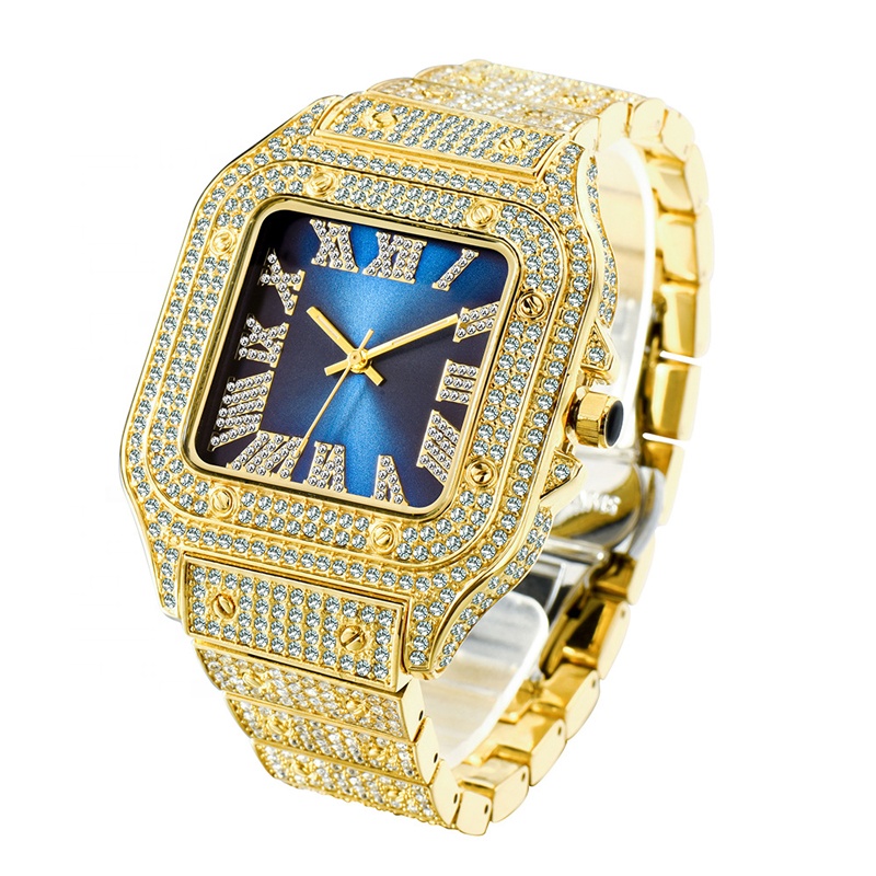 Fashion Iced Out Square Dial Men Wrist Watch Luxury Silver Gold Diamond Hip Hop Jewelry Roman Number Quartz Watches