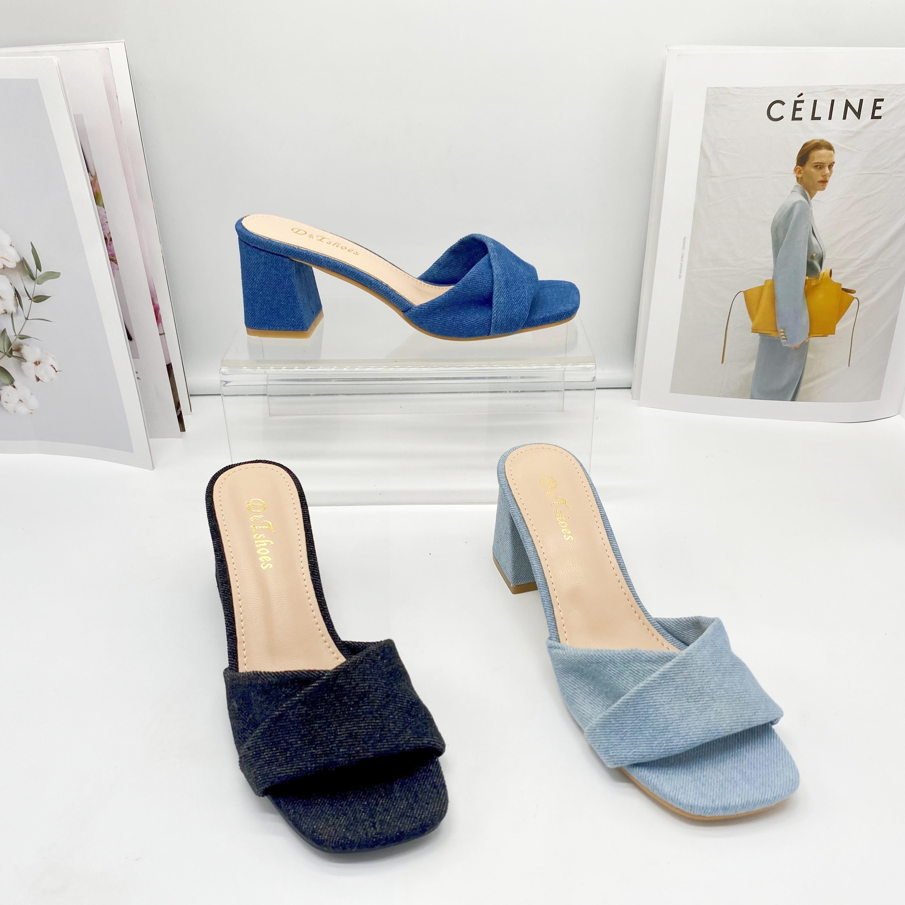 Premium Women's Square Toe Cowboy Vamp Slippers Breathable Middle Heel with Peep Toe Feature for Spring Summer Autumn