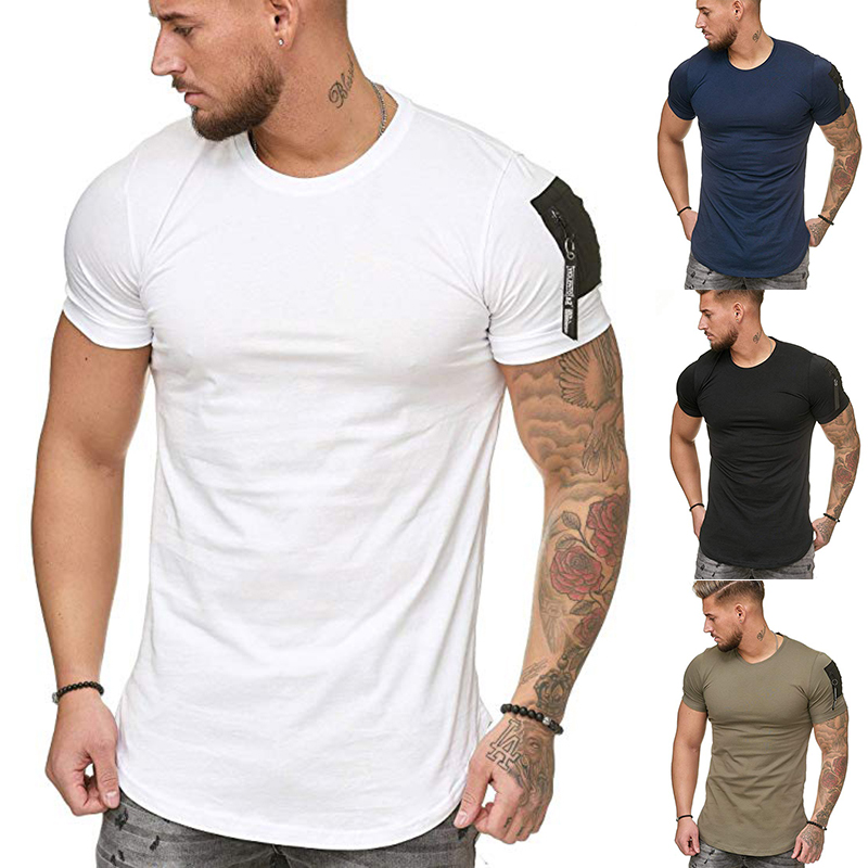 Amazons Hot Summer European and American Foreign Trade T-shirt For Mens Shoulder Arm Pocket Splice Solid Color Sports T-Shirt