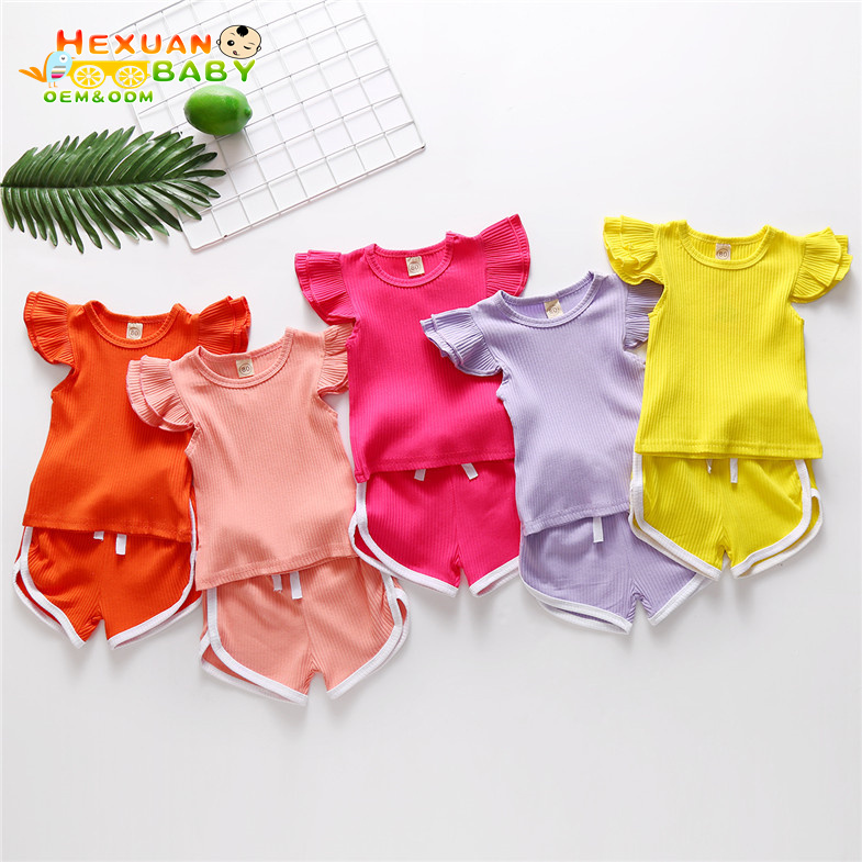 RTS solid color summer children boutique clothing sets flutter ruffle sleeve short girl outfit