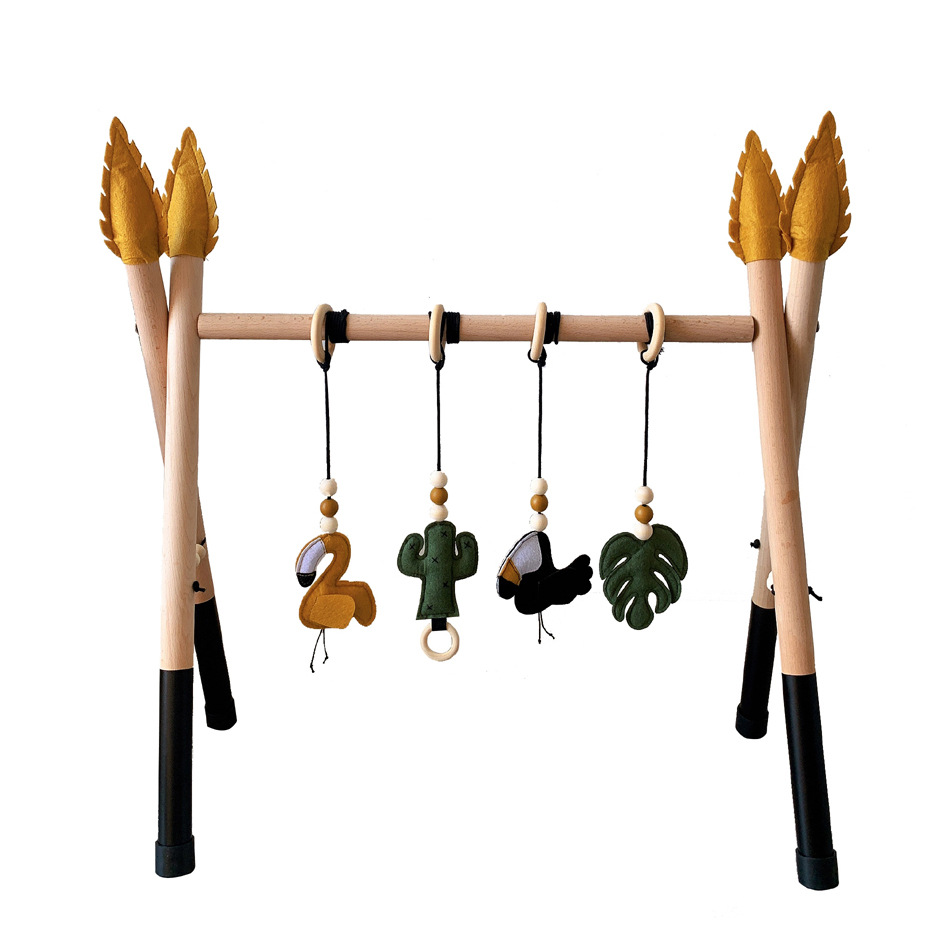 Organic Cotton Natural Wooden Baby Play Gym with 3 Hanging Sensory Toys