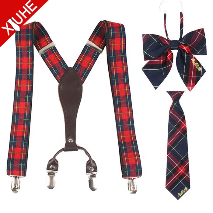 custom school printed red plaid bow tie and suspender set