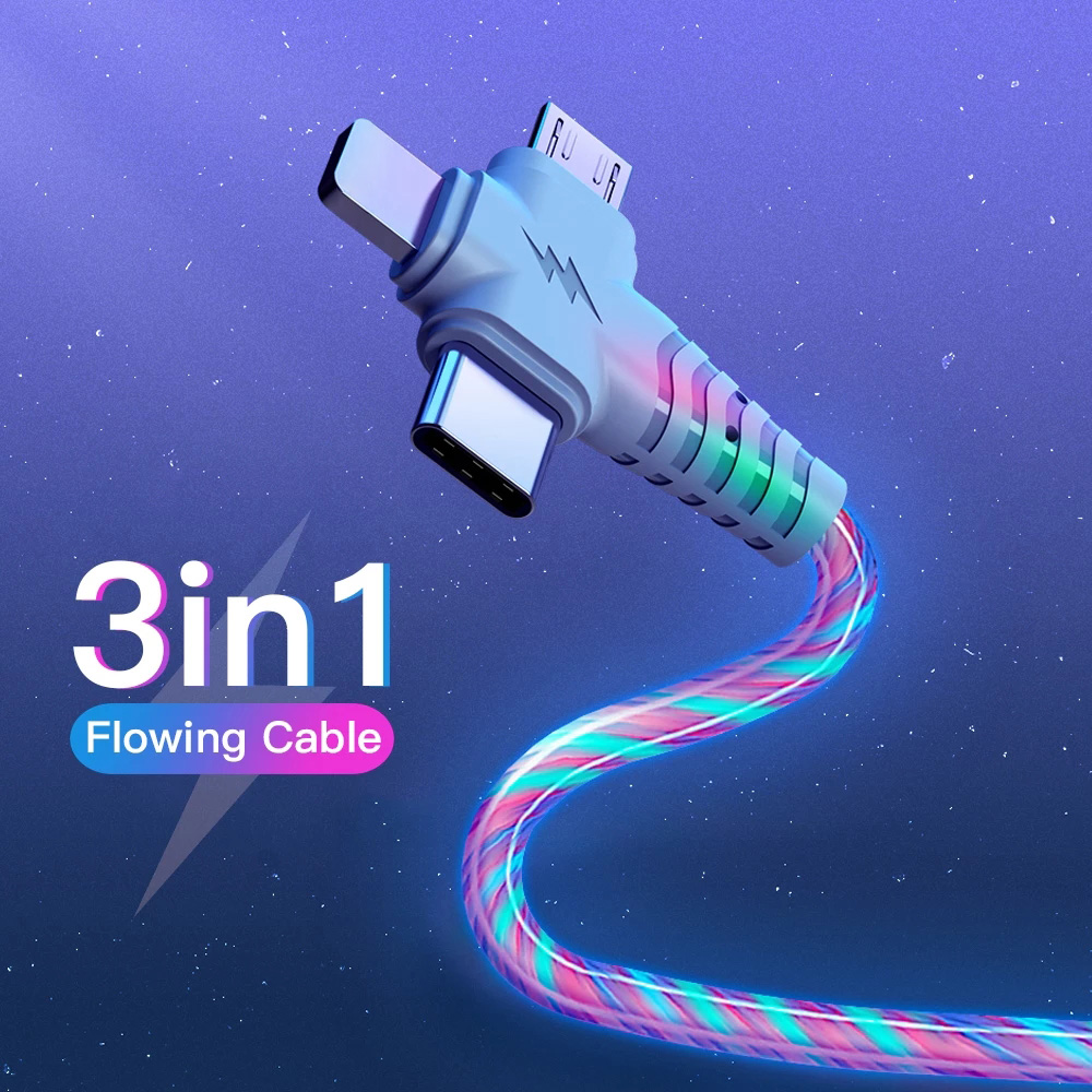 Светящийся usb-кабель для iPhone 13, 12, 11 Pro, 3 в 1, 1 м, 2 м