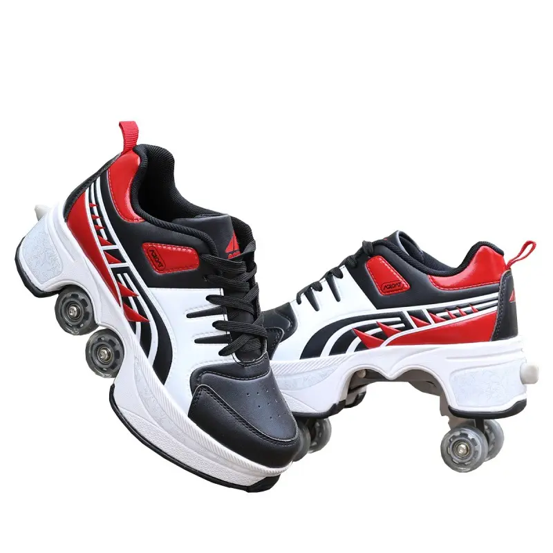 Wholesale deformation roller skate shoes Adult children kick out wheeled shoes 4 quads wheels roller skate shoes