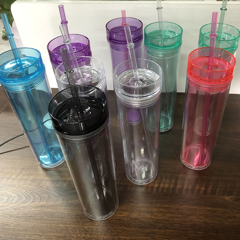16oz And 22o Skinny Acrylic Tumbler Double Wall Reusable Plastic Slim Cups Clear Plastic Tumbler With Straw And Lid
