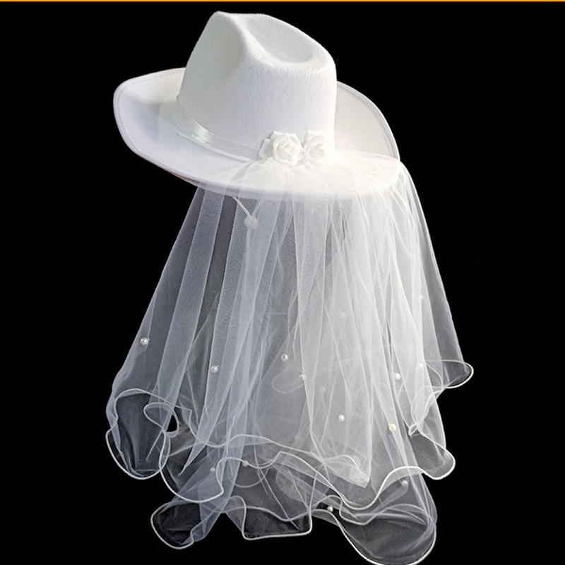Novelty Bride Cowgirl Hat with Veil Women White Cowboy Hat for Bachelorette Party for Bridal Shower Dress Up