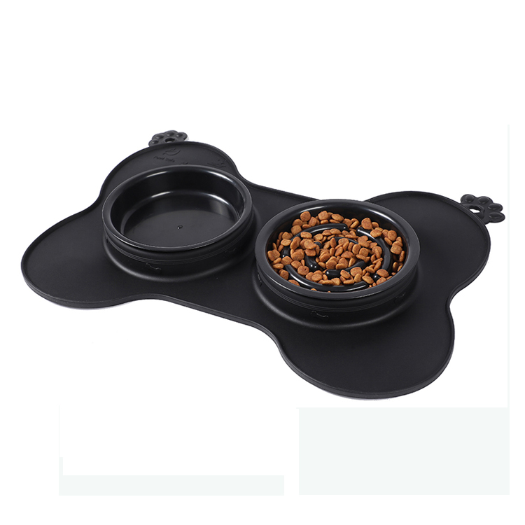 3 in 1 Double Dog Food Bowl with No-Spill Non Skid Silicone Mat Pet Slow Feeder