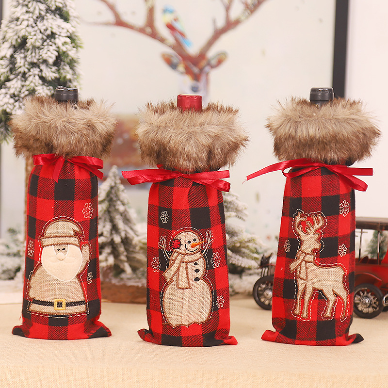 Sinyoo Christmas Ornaments Red and Black Gingham Machine Embroidered Fur Collar Wine Cover Wine Bag Champagne Cover