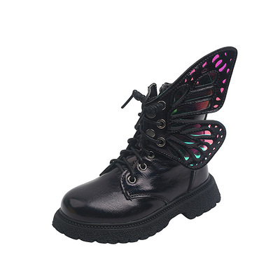 2021 Winter New Children's shoes Velvet Crystal Boots soft sole cool cool big butterfly warm children's leather boots