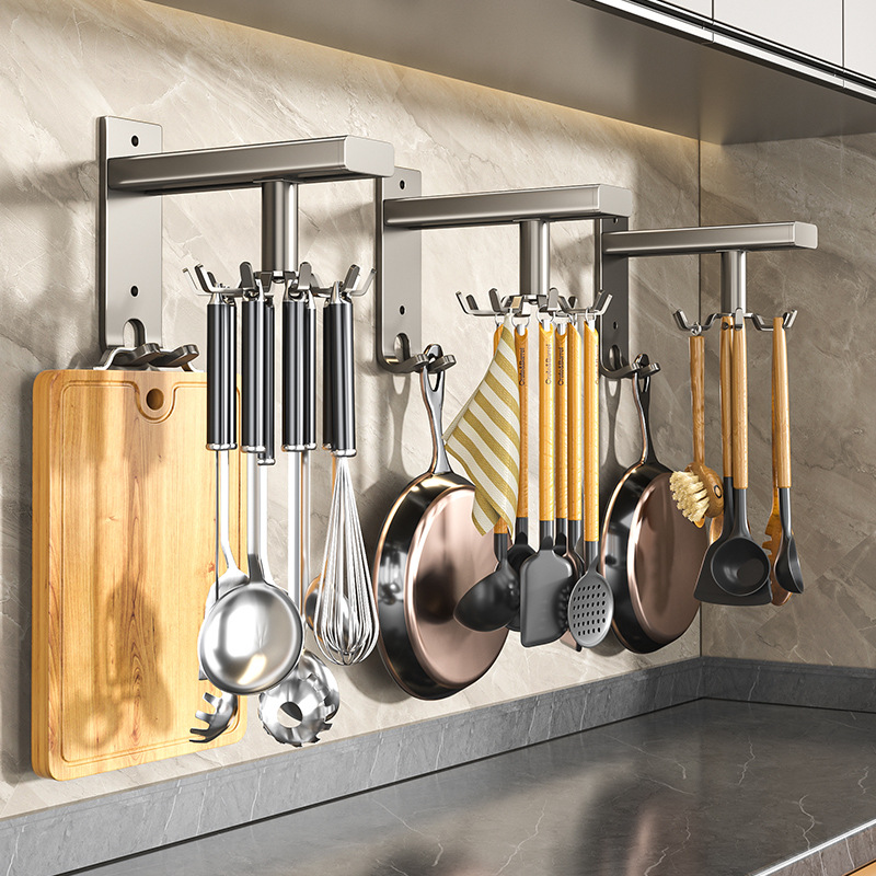 Wall Mounted Kitchen Rotating Hooks for Utensils Cooking Utensil Rack for Spoons Pot Rags Metal Kitchen Racks Organizer