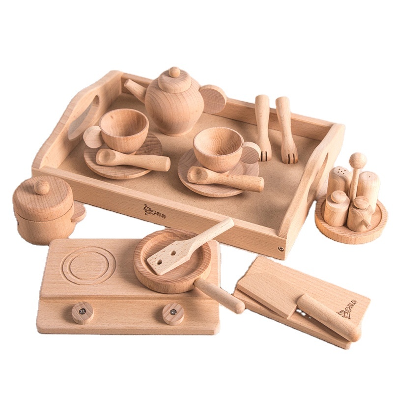 Wooden Tableware Tools Tea Pot Tea Cup Teatime Party Play Toy Dollhouse Miniature Kitchen Tableware Accessories for Kids Toys