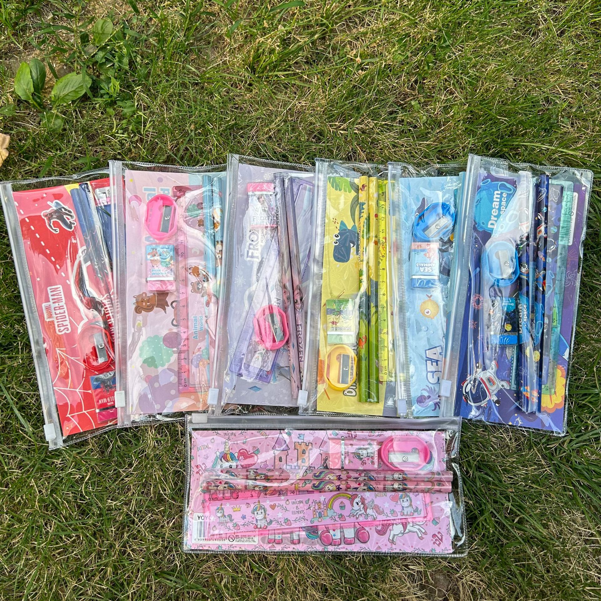 Cheap Price Student Stationery Gift set with eraser and pencil sharpener Cartoon School Gift Set Pvc Zipper Bag cute Pencil set