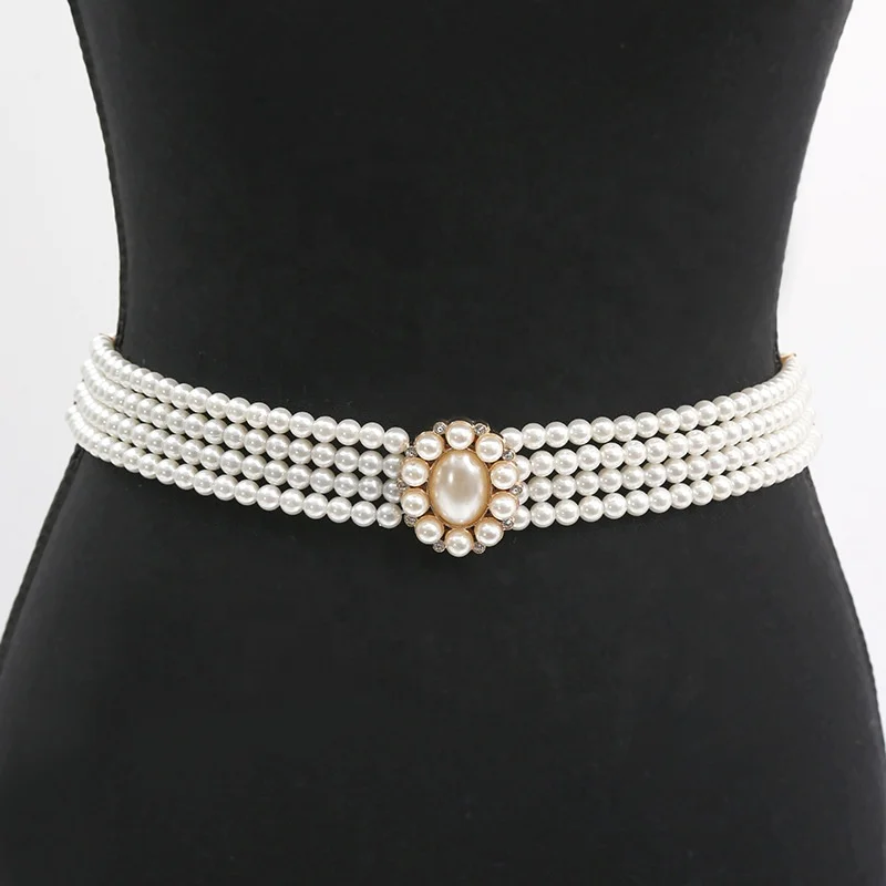 4 Rows Fashion Woman Elastic Flower Shaped Bead Buckle Elegant Pearl Chain Belt For Ladies Dress