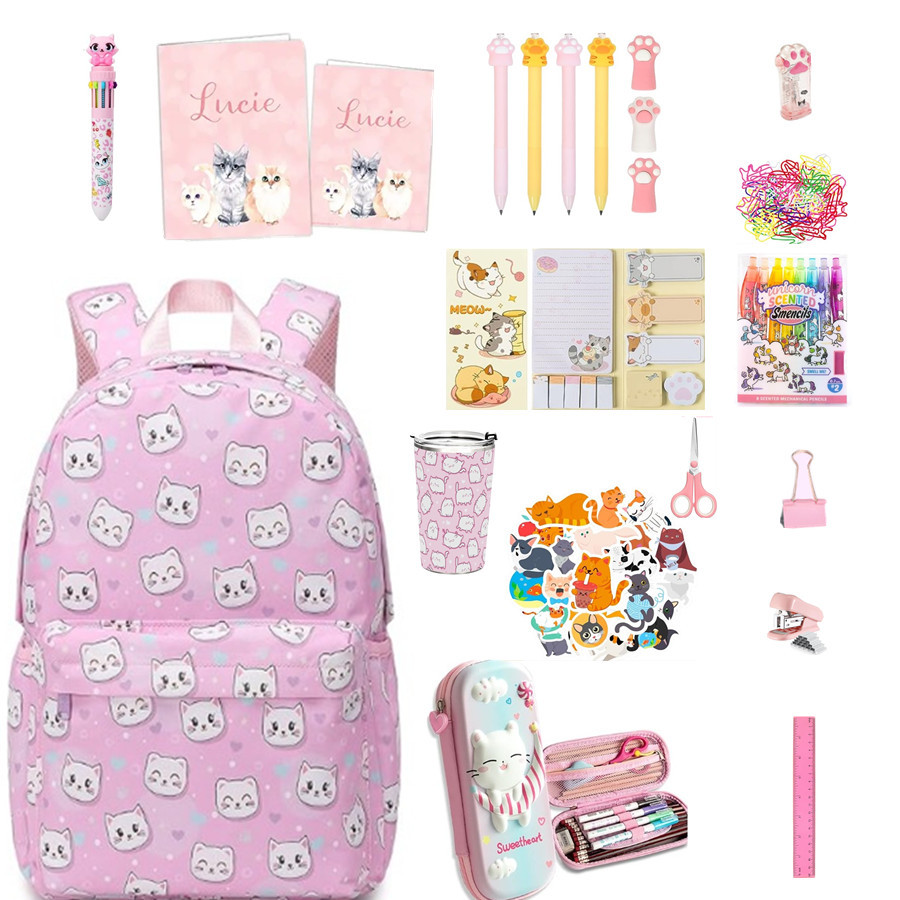 Back To School Essentials School Supplies Kit Great Bundle High Quality Stationery Set pink cat kit