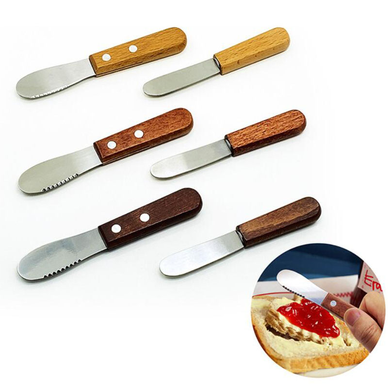 Natural Wooden Handle Sandwich Cream Cheese Condiment Knives Mini stainless steel spreader slicer cheese butter spreader knife