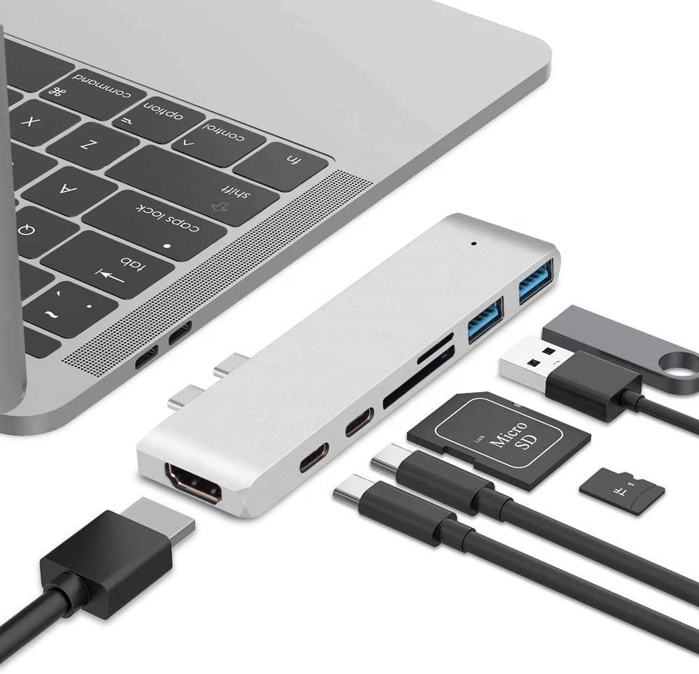 Хаб 7 в 2 Dual Type C с HDMI, слотами для SD TF карт, Thunderbolt 3(USBC), быстрая зарядка PD, USB 3,0 для MacBook