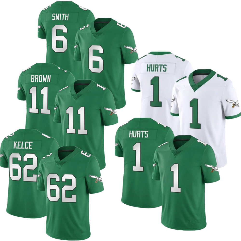 Филадельфия, Ретро майки, 1, Jalen hurs 62 Kelce 11, коричневый, 6 Smith 12, Cunningham, сшитые футбольные майки, оптовая продажа, Kelly Green