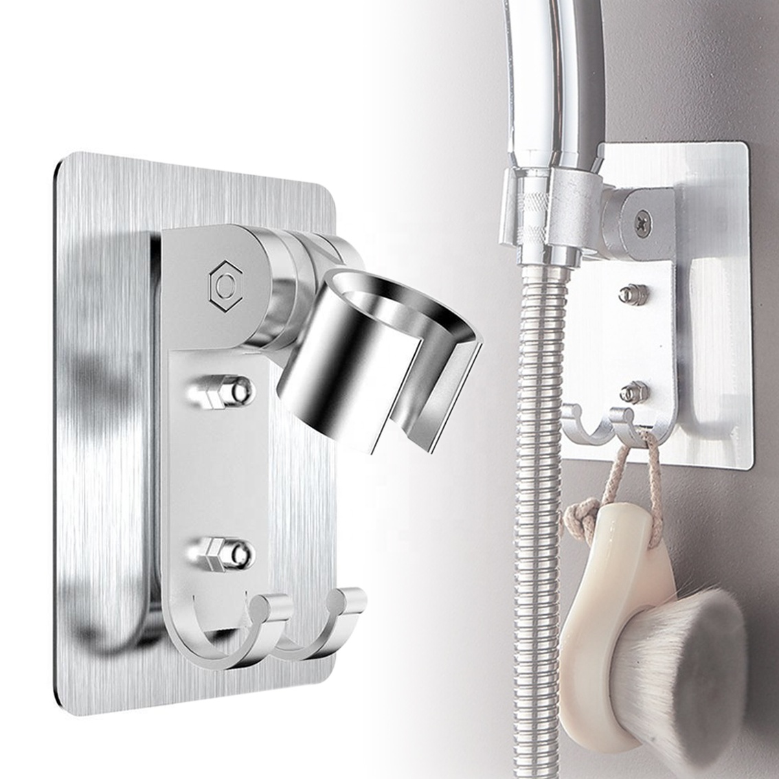 Adjustable Strong Adhesive Shower Head Holder Handheld Shower Head Wall Mount Bracket With 2 Hanger Hooks