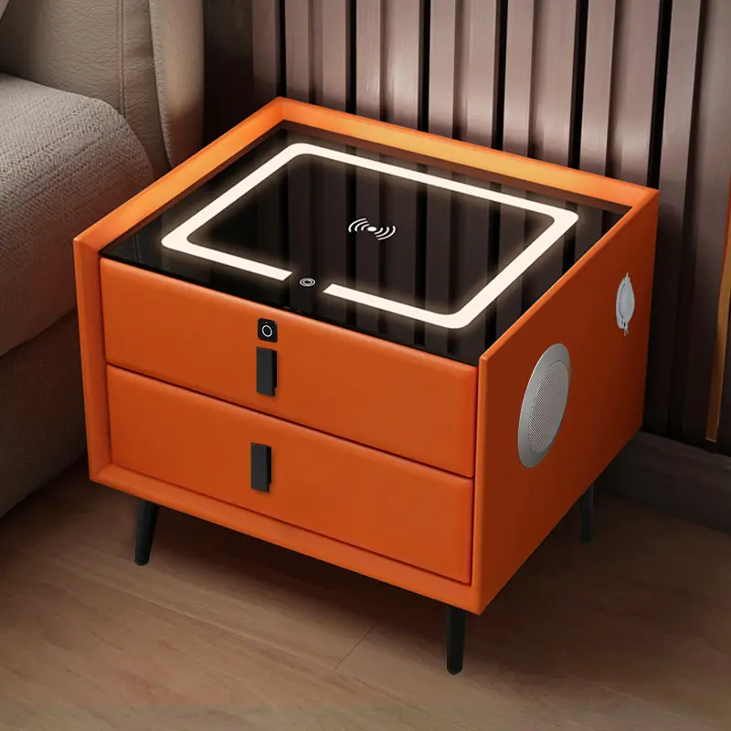 luxury modern smart solid wooden senor High Gloss LED Lights Wireless usb Charging Bedroom Bedside Cabinet night stand