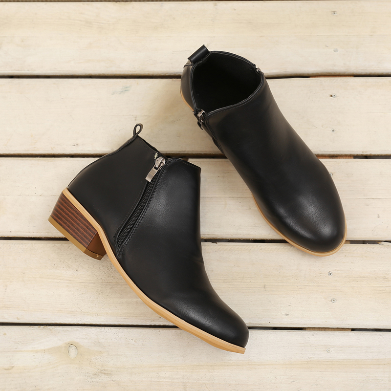 Factory price 2019 women winer black leather ankle boots bucket booties shoes