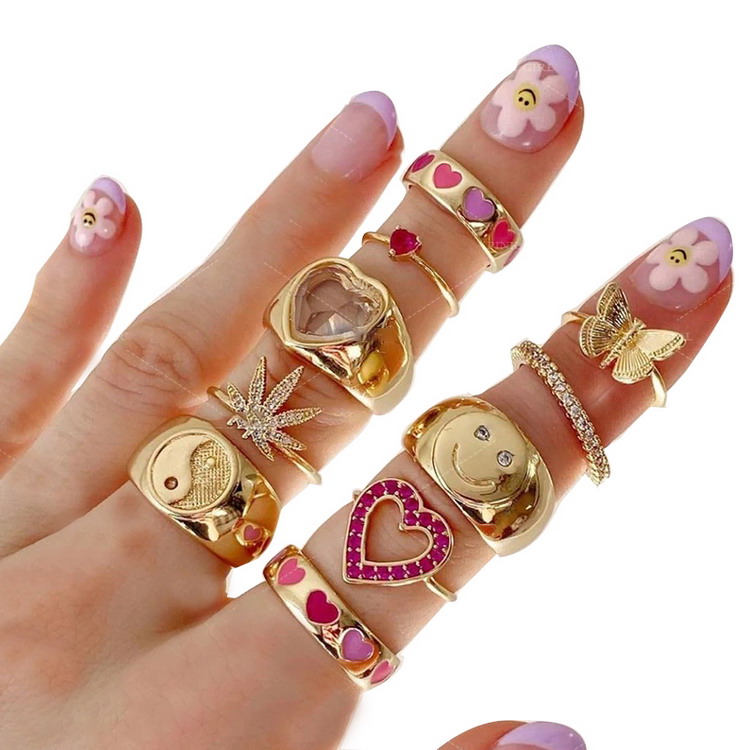 Wooying Heart Flower Rings for Women Metal Cloud Crystal Funny Fashion Goth Punk Charms Rings Jewelry