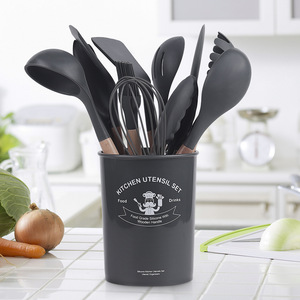High quality silicone kitchen cooking gadgets tools black silicone cooking utensils kitchen utensils set with wooden handle