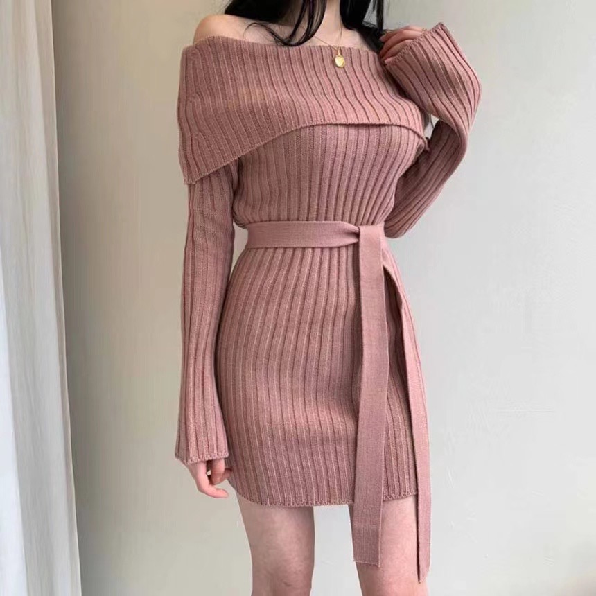 New sweater elegant temperament retro light mature style sexy one shoulder large lapel slim elastic sweater dress